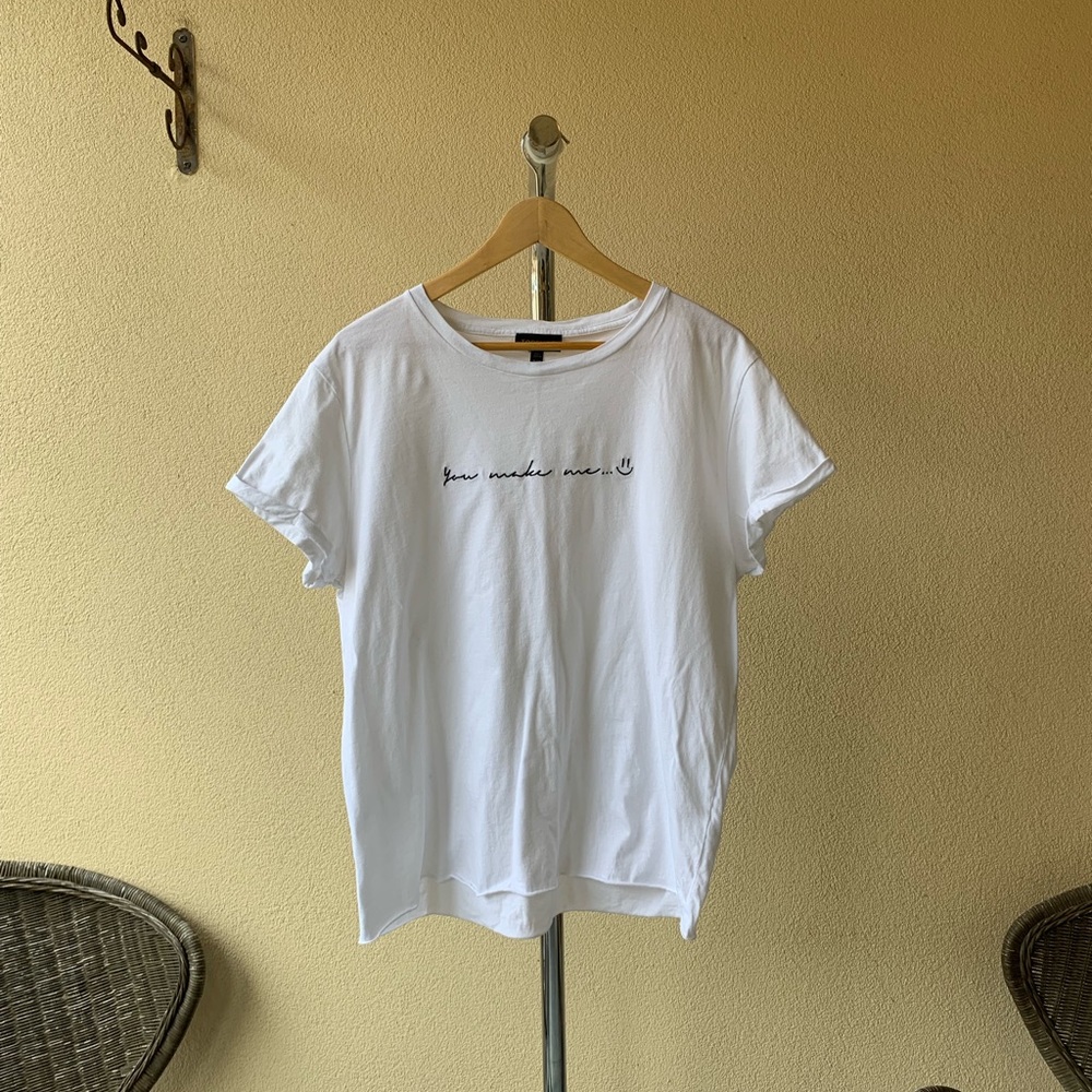 TopShop white tee “you make me smile... :)” Sz 12